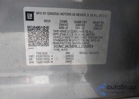 2020 Chevrolet Trax Fwd Ls из США, поврежденный, VIN 3GNCJKSB9LL151003